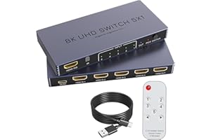 New Upgrade 8K HDMI Switch 5 in 1 Out, Hdmi Splitter with Remote 5 Port Switcher Selector Box Support 3D//HDR/HDCP2.3, HDMI 2