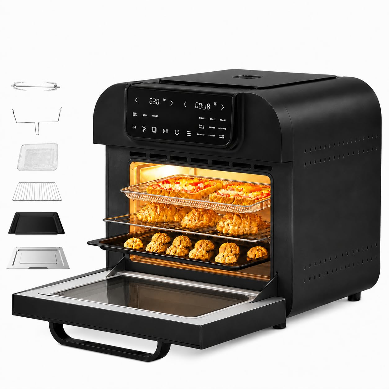 16L Heißluftfritteuse XXL mit Rotisserie Große Kapazität Bis zu 230°C 9 smarte Kochfunktionen Air Fry Roast Grill Bake Dehydrate & Mehr Einfache Digitale Steuerung Tischofen