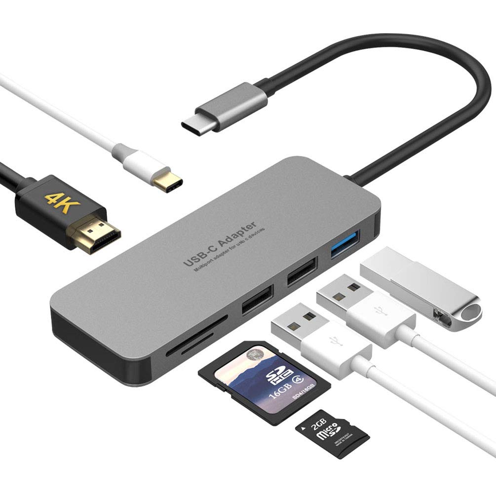 USB C Hub, SUNSEATON 7-in-1 Aluminum Type C Adapter for MacBook Pro, with 4K HDMI, 3x USB Port, SDXC, Micro SD, Type C, for Connected to All USB C Device PC/Tablet/Mobile Phone etc