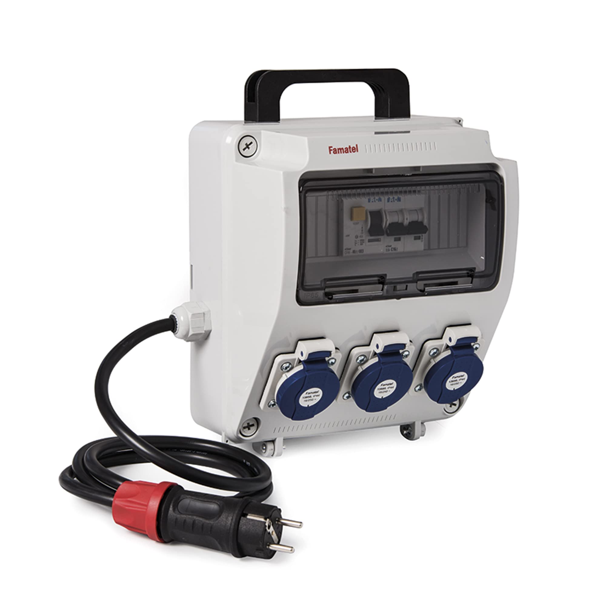 Famatel 3957.11 Industrial Cabinet Pre-Wired I IP44 I with Handle I 3 Sockets I 2P + TTL I 16A I 250V I Heat Protection Differential Switch I Cable 1.5 m I 3 x 2.5, Grey