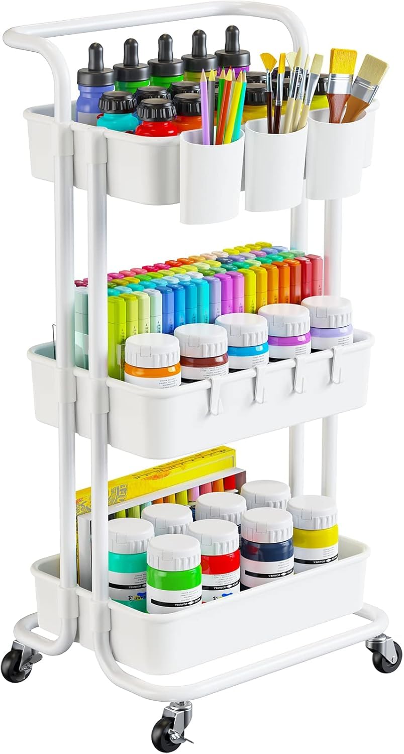 Pipishell 3 Tier Rolling Cart - Art & Craft Organizer Cart with Hanging Cups & Hooks - White Metal Storage Carts with Wheels Perfect for Craft Room, Office, Kitchen, Bedroom, Bathroom, Laundry Room Image