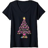 Women's Pink Flamingo Christmas Tree Cute V-Neck T-Shirt