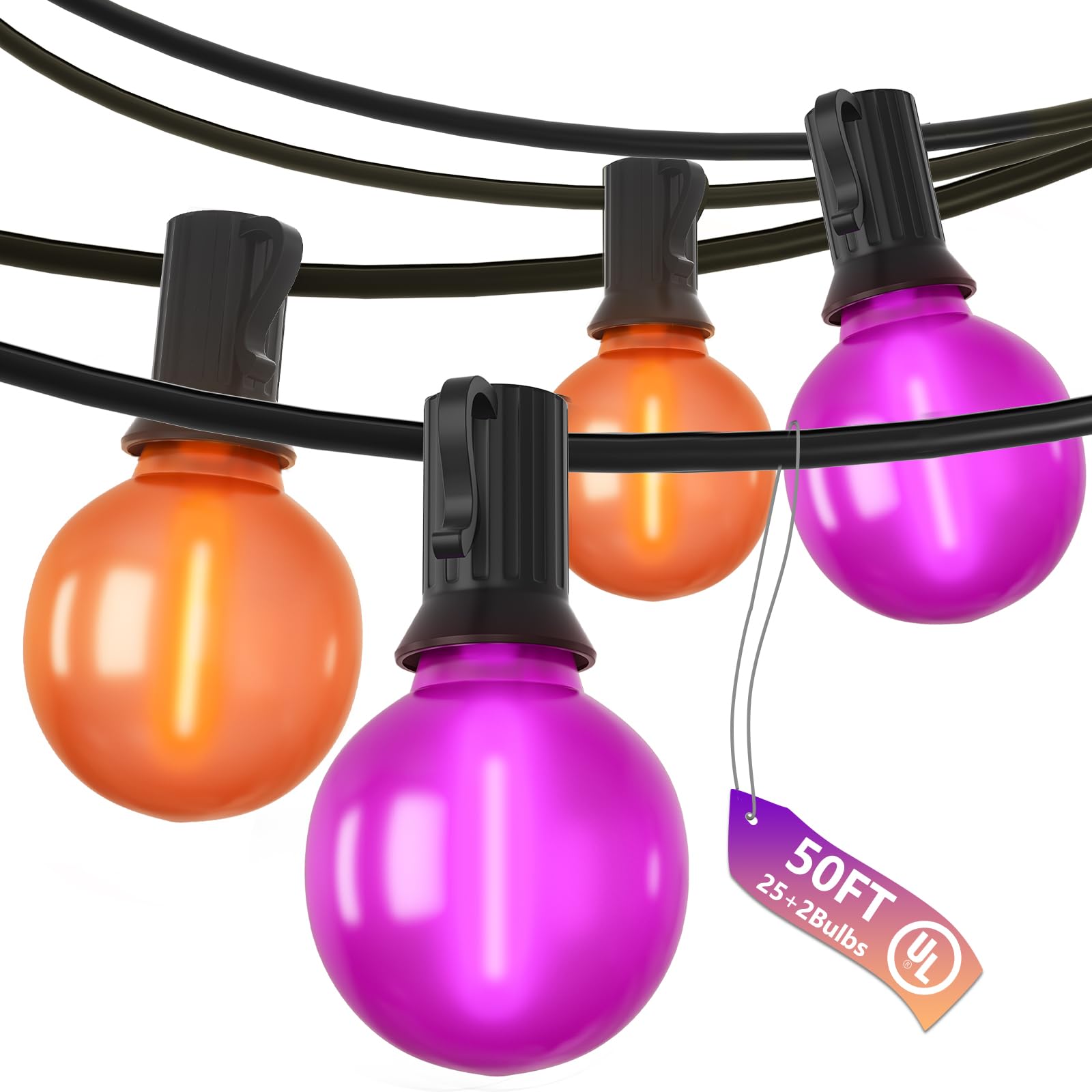 Photo 1 of 50ft Halloween Outdoor String Lights, G40 LED Halloween Globe Lights with 27 Frosted Orange and Purple Bulbs(2 Spare) for Outdoor Indoor Patio Yard Roofline Decorations, E12 Socket, Black Wire