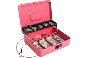 LOVNDI Cash Box with Combination Lock, Money Safe for Cash, Lock Box with Security Cable 11.8 x 9.5 x 3.54 Inches, Pink