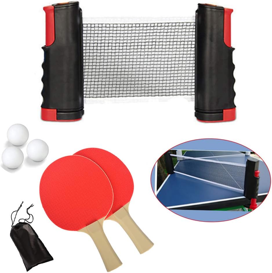 CHOLJ Retractable Portable Ping Pong Net Set, Includes 1 Retractable Net Post, 2 Ping Pong Paddles, 3 pcs Balls and Portable Cover Case Bag- Home Workout-Black