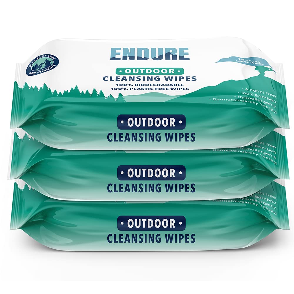 Endure Extra-large body cleansing wipes for Adults and Children - Bamboo, Biodegradable, Plastic Free, for Camping, Festivals & Travel (3 packs x 15, Total 45 wipes)