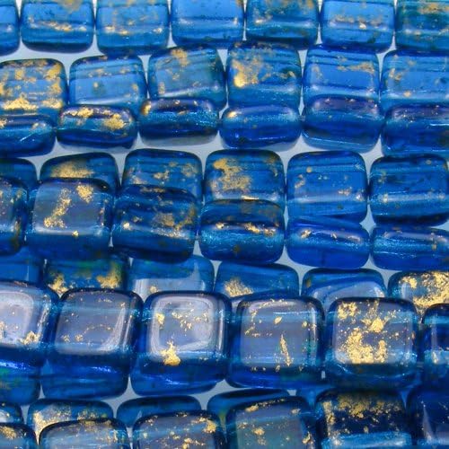 6mm Square Glass Czech Two Hole Tile Bead - Gold Marbled/Capri Blue