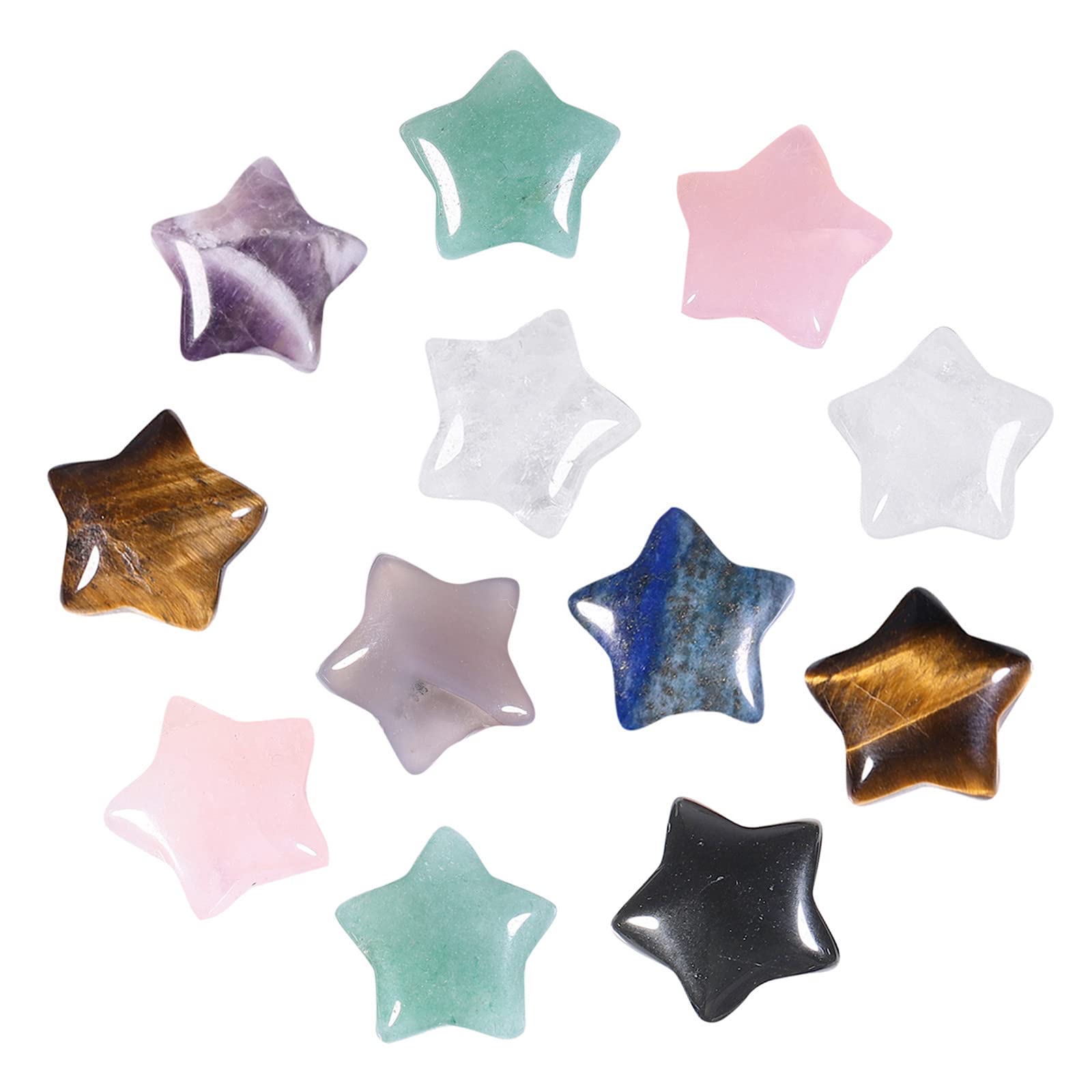 Nupuyai 12pcs Various Stones Mini Crystals Star Palm Worry Stone Set, Energy Carved Pocket Stone for Chakra Healing Home Office Decor 1.5cm
