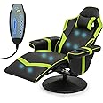 Athena Collection Massage Gaming Chair with Bluetooth Speaker Ergonomic Computer Desk Chair Swivel Office Chair Adjustable Recliner PU Leather Chair w/Footrest Cup Holder Side Pouch Headrest, Green