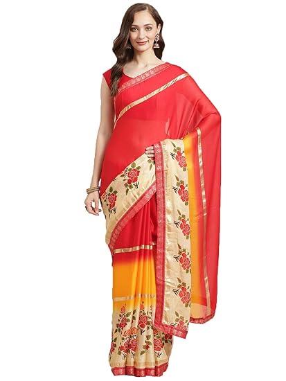 Womens Georgette Floral Print with Printed Lace Border Saree[Red & Multi]
