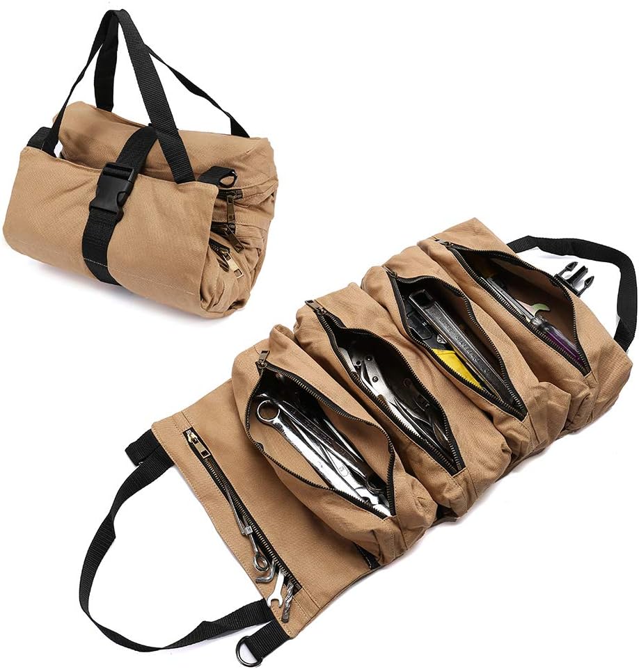 Fushida Super Capacity Tool Roll Pouch,Durable 12 Ampere Waxed Canvas Tool Organizer Bucket,Handmade Roll Up Tools Bag for Workshop Storage,Handy Small Tools Tote Carrier for Chisels Wrenches, Khaki, 13.1 x 7.6 x 2.1 inches