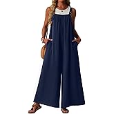 Lepunuo Womens Casual Jumpsuits Summer Boho Wide Leg Rompers Sleeveless Overalls Pleated Jumpers with Pockets
