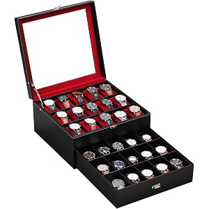 AUTOARK Watch Box Organizer,2 Layers,Holds 30 Watches,Black,MKAW128 | Glass Top & Lockable Drawer,Jewelry Storage,PU Leather
