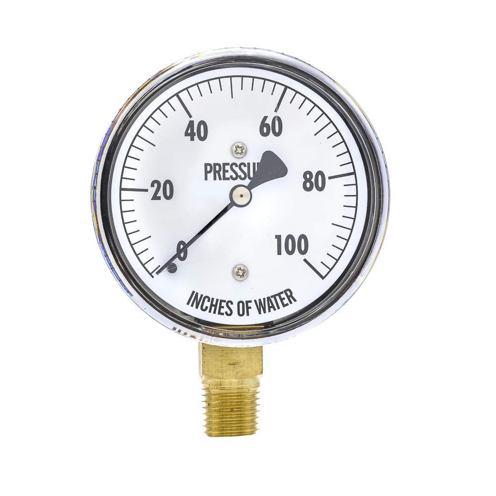 PIC Gauge LP1-254-100 2.5" Dial, 0/100" wc psi Range, 1/4" Male NPT Connection Size, Bottom Mount Dry Non-Fillable Low Pressure Gauge with a Chrome Case, Brass Internals, and Plastic Lens