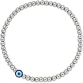 Chiorgone Evil Eye Bracelet for Protection, Silver Beaded Stretch Jewelry, Minimalist Turkish Good Luck Amulet for Men & Women