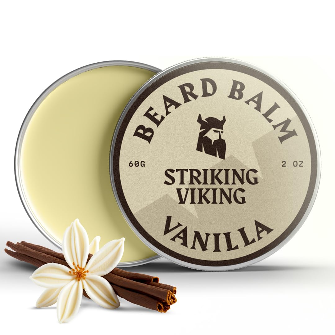 Striking Viking Beard Balm - 60 g, Vanilla - Softening Butter for Men - Tea Tree Oil Balm for Soothing Comfort - Hydrating Oil, Leave-In Conditioner Beard Wax