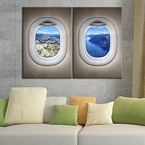 2 Panel Canvas Wall Art - Brown Plane Window Seat Overlooking Majestic River - Giclee Print Gallery Wrap Modern Home Art Ready to Hang - 16"x24" x 2 Panels