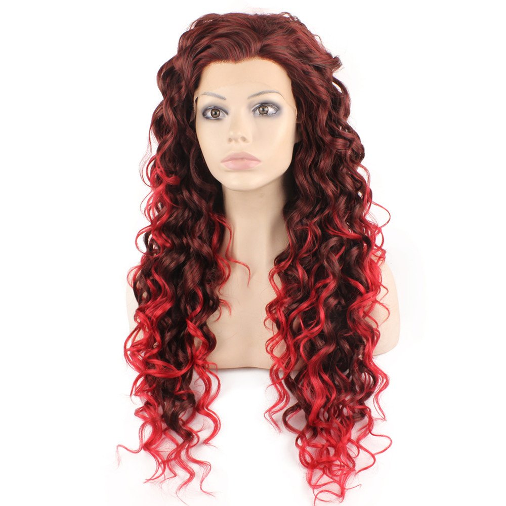 Long Curly Two Tone Ombre Red Heat Safe Fiber Hair Front Lace Wig