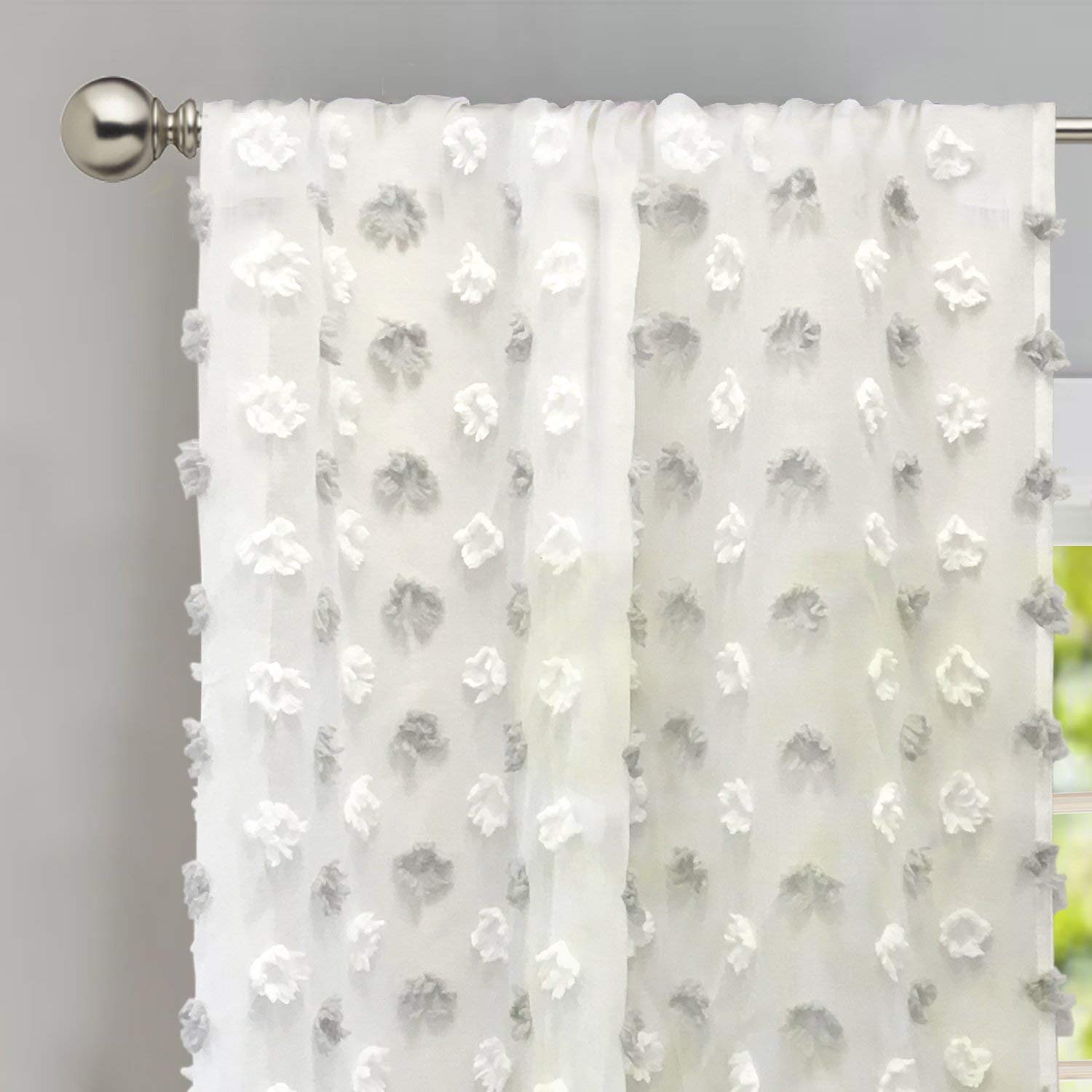 DriftAway (Gray/White) Olivia White Voile Chiffon Sheer Window Curtains, Embroidered with Pom Pom, Set of Two Panels, 130cm x 210cm, Rod Pocket (Grey/White)