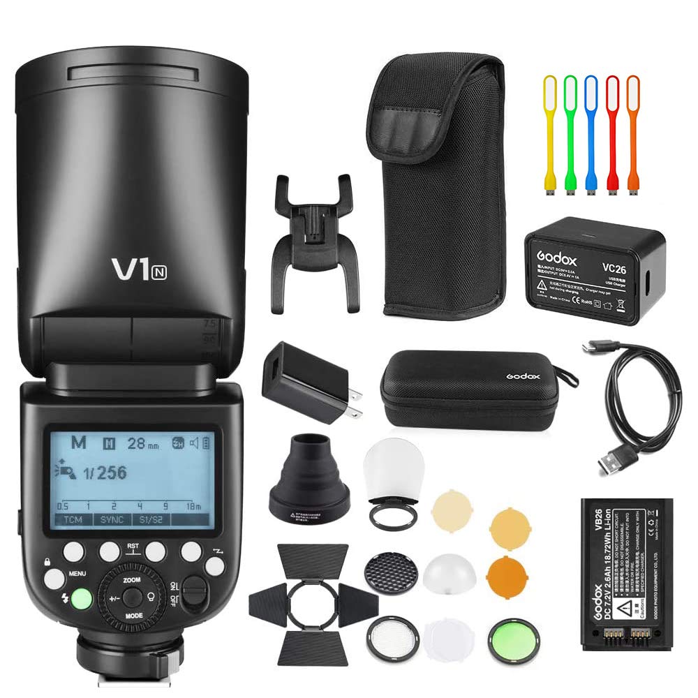 Godox V1-N I-TTL Flash Speedlite, 76Ws 2.4G High-Speed Sync 1/8000s 2600mAh Li-ion Battery Round Head Camera Speedlight with Godox AK-R1 Accessories Kit Compatible for Nikon Cameras