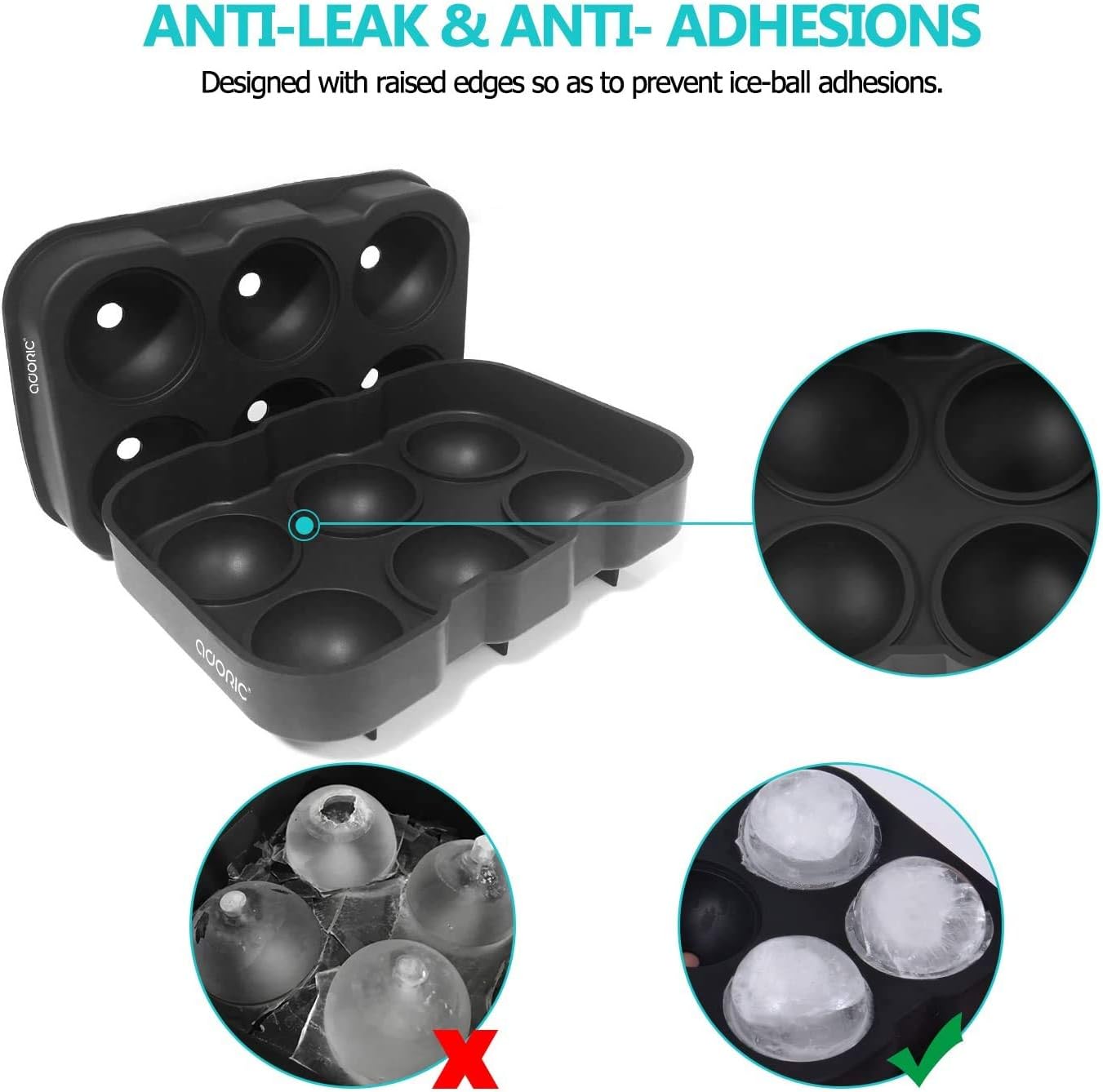 Adoric Ice Cube Trays Silicone Set of 2, Sphere Ice Ball Maker with Lid and Large Square Ice Cube Molds for Whiskey, Reusable and BPA Free (Ice Cube Trays Silicone Set of 2): Kitchen & Dining