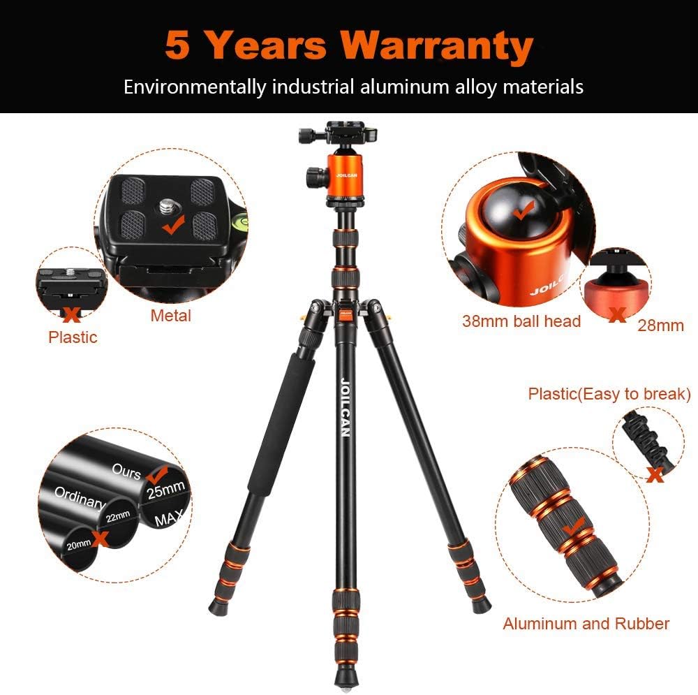 Joilcan 80-inch Tripod for Camera, Aluminum Tripod for DSLR, Monopod, Lightweight Tripod with 360 Degree Ball Head Stable for Travel and Work 18.5"-80", 19lb Load (Orange) : Camera & Photo