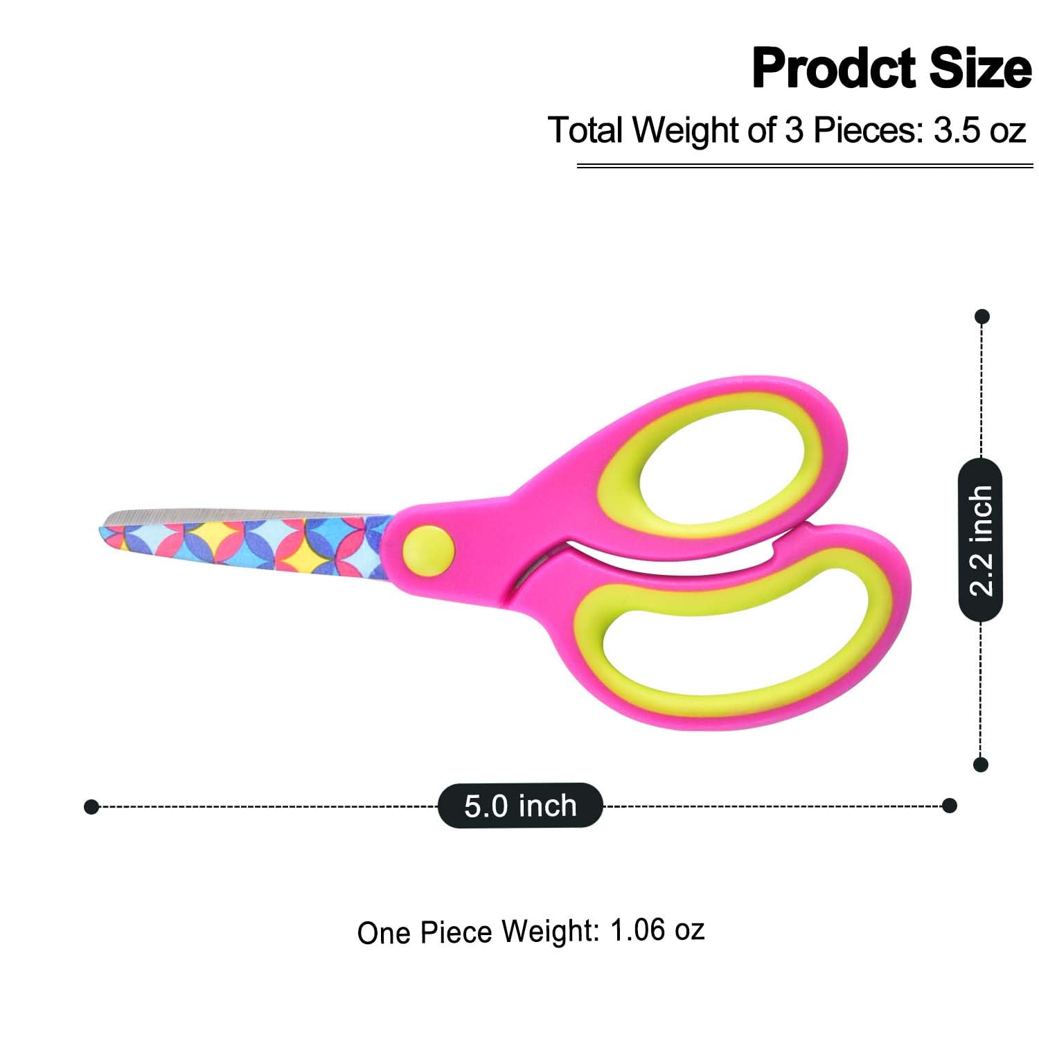 Zicolu Kids Scissors Set of 3 pack, Safety Children Scissors, Craft Scissors with Blunt Tip Floral Print Blade and Soft Grip, Great for Home and School, Blue/Purple/Yellow, 5 inch