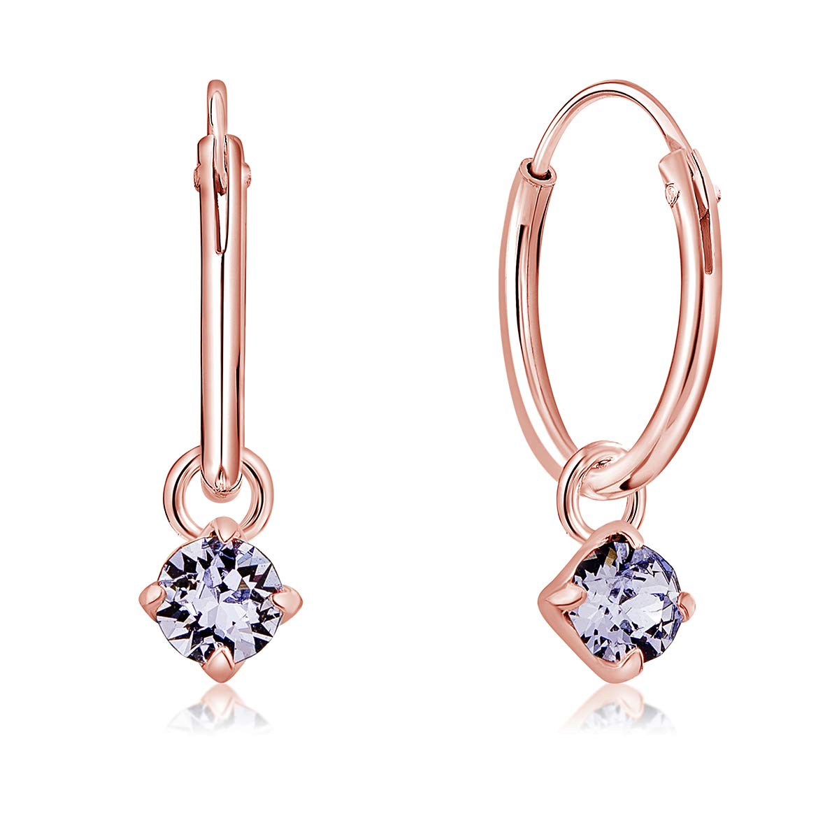 Rose Gold Earrings with Lilac Dangling Crystal - 925 Sterling Silver Hoops Gold Plated 18K with Round Crystals - Classic Elegant Hypoallergenic Earrings for Sensitive Skin