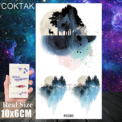 COKTAK 12Pieces/Lot Small Watercolor Mountain Tree Temporary Tattoos For Women Kids Geometric Body Art Arm Fake Tattoo Sticker Round Sheets Men Waterproof Tatoos Sheet Paper - Thumbnail 7