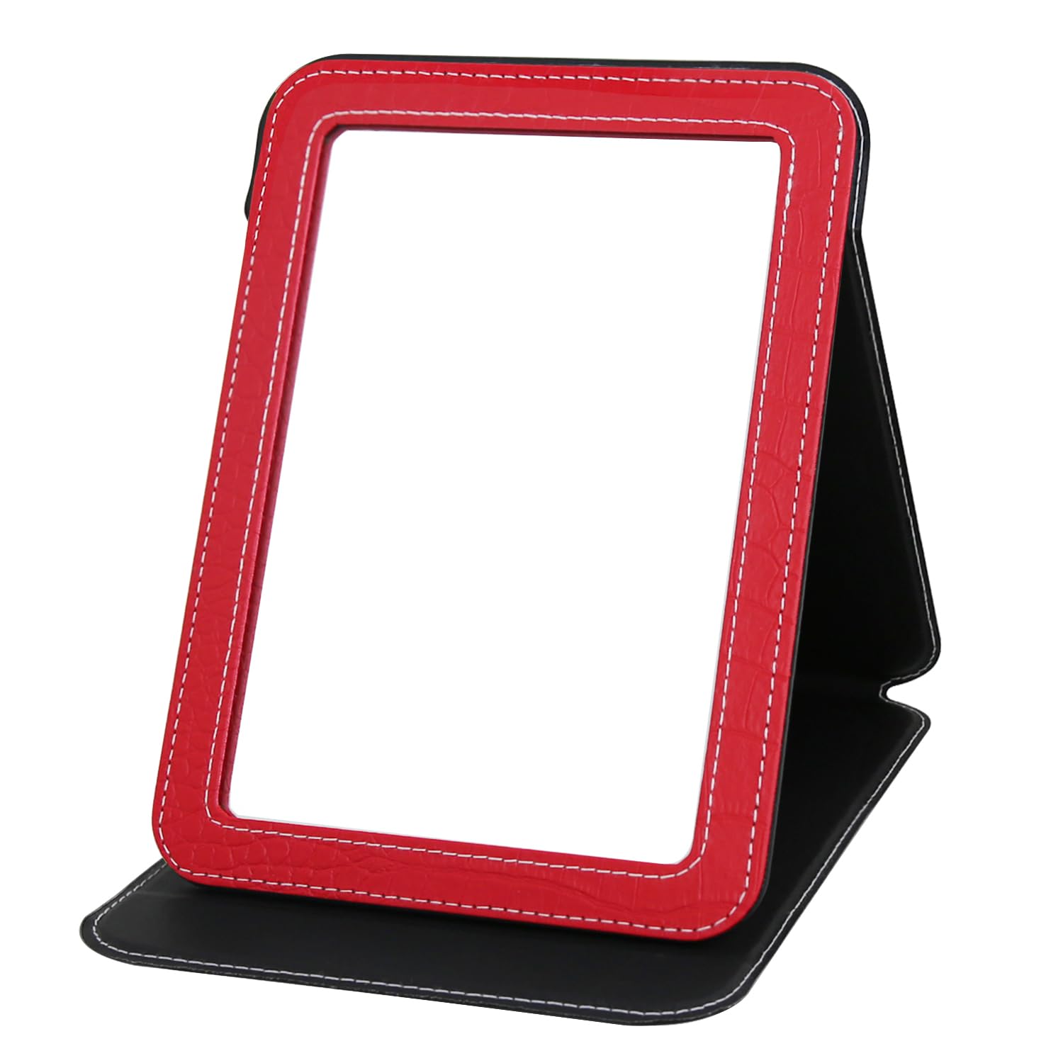 Photo 1 of Ximruyuv Red Foldable Desk Mirror, 6.5×8.9” Adjustable Angle Rounded Rectangle PU Edge Covering Travel Mirror with Stand (LRed)