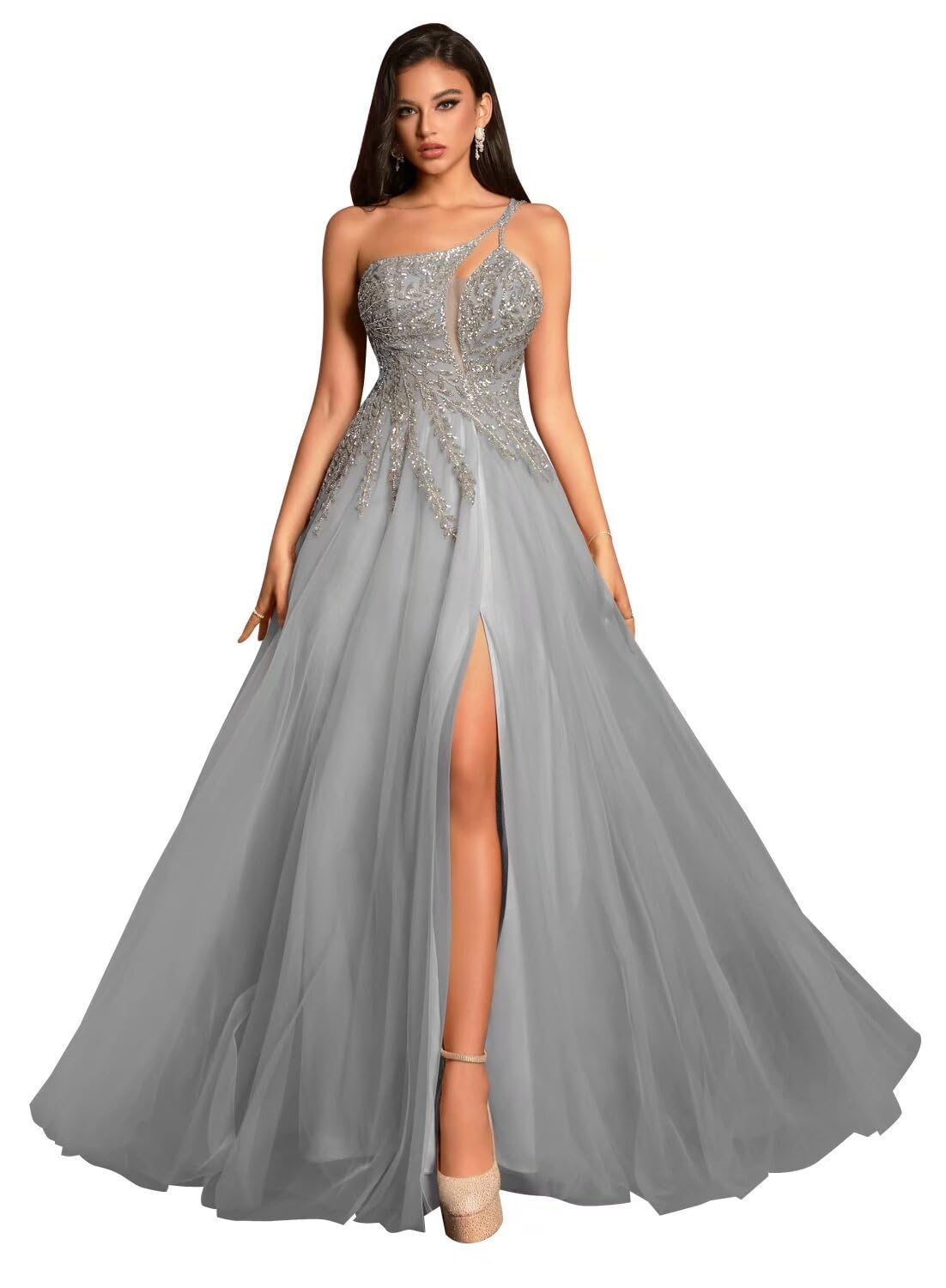 Plus Size Beading Prom Dress for Women Silver with