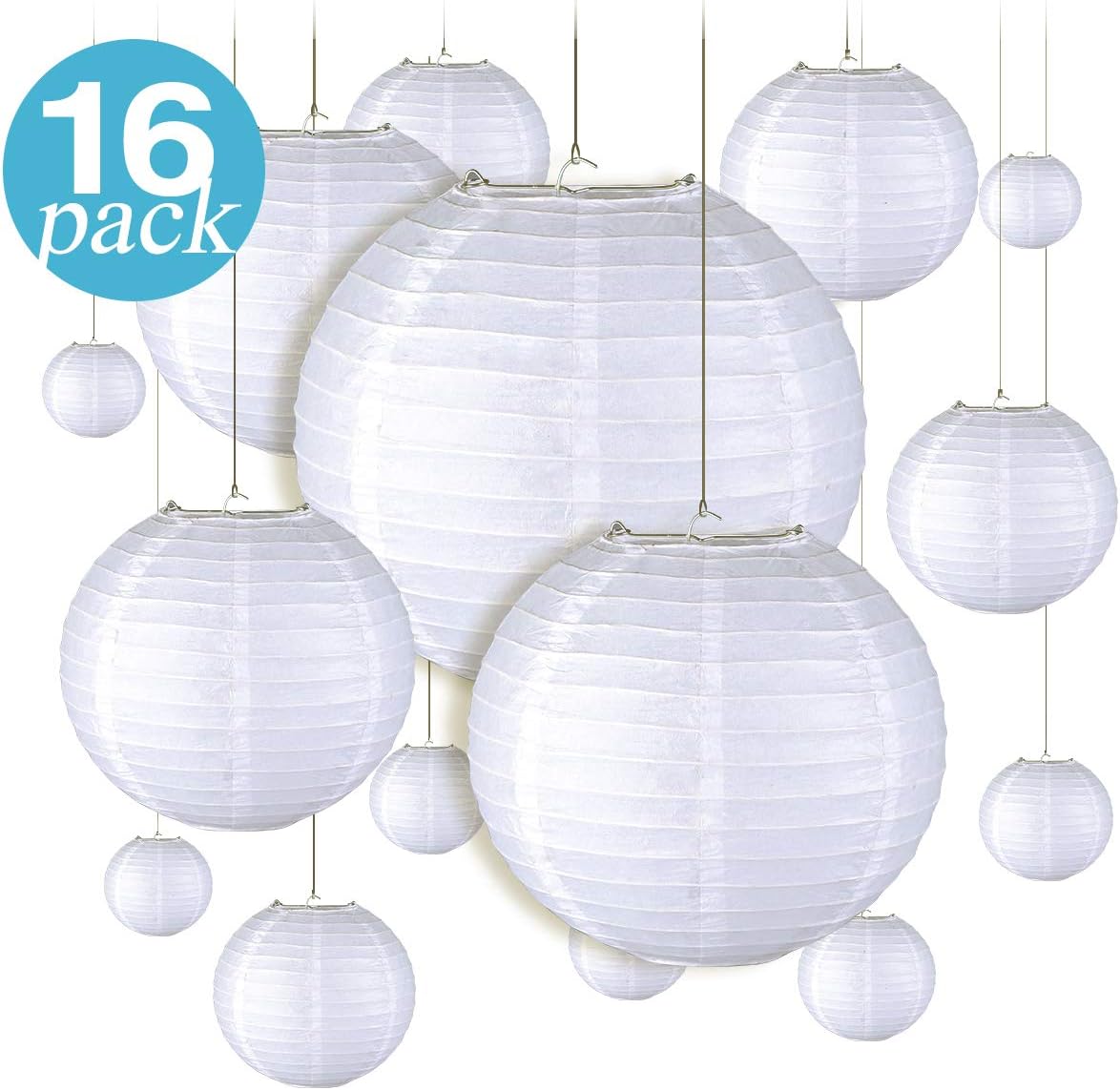 16 Pieces White Round Hanging Paper Lanterns for Parties, Birthdays, Weddings, and Events -Included Sizes of 4", 6", 8", 10", (4 of Each Size)