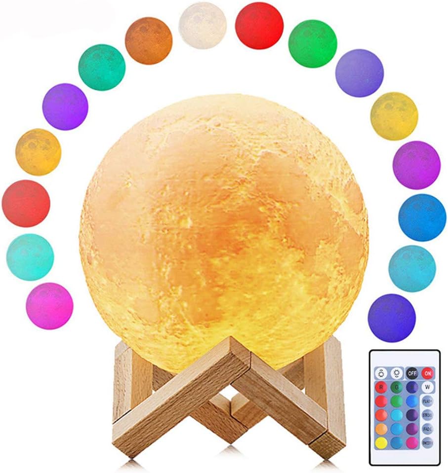 Deewin Moon Light 16 Colors Dimmable LED Change by Touch & Remote Control USB Charging Moon Lamp with Wooden Stand for Lover Kids (Diameter:7.1inch)