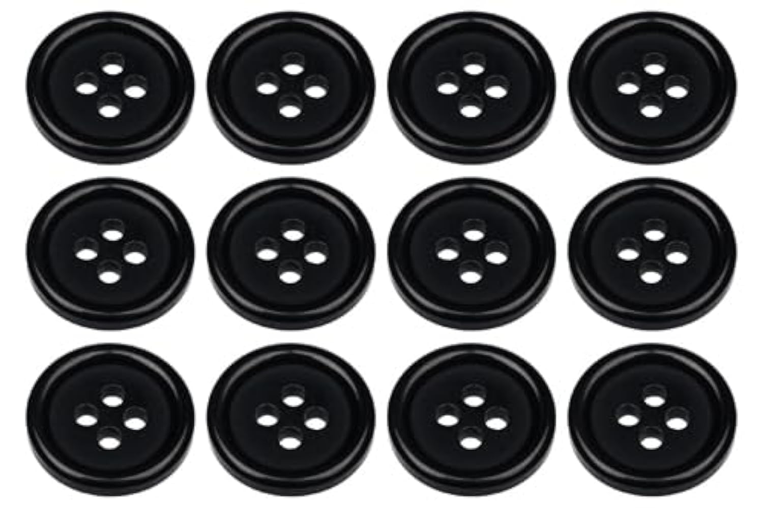 Pack of 12 Black Sew on 15mm Round Buttons Flat 4 Holes 24L 24 Ligne