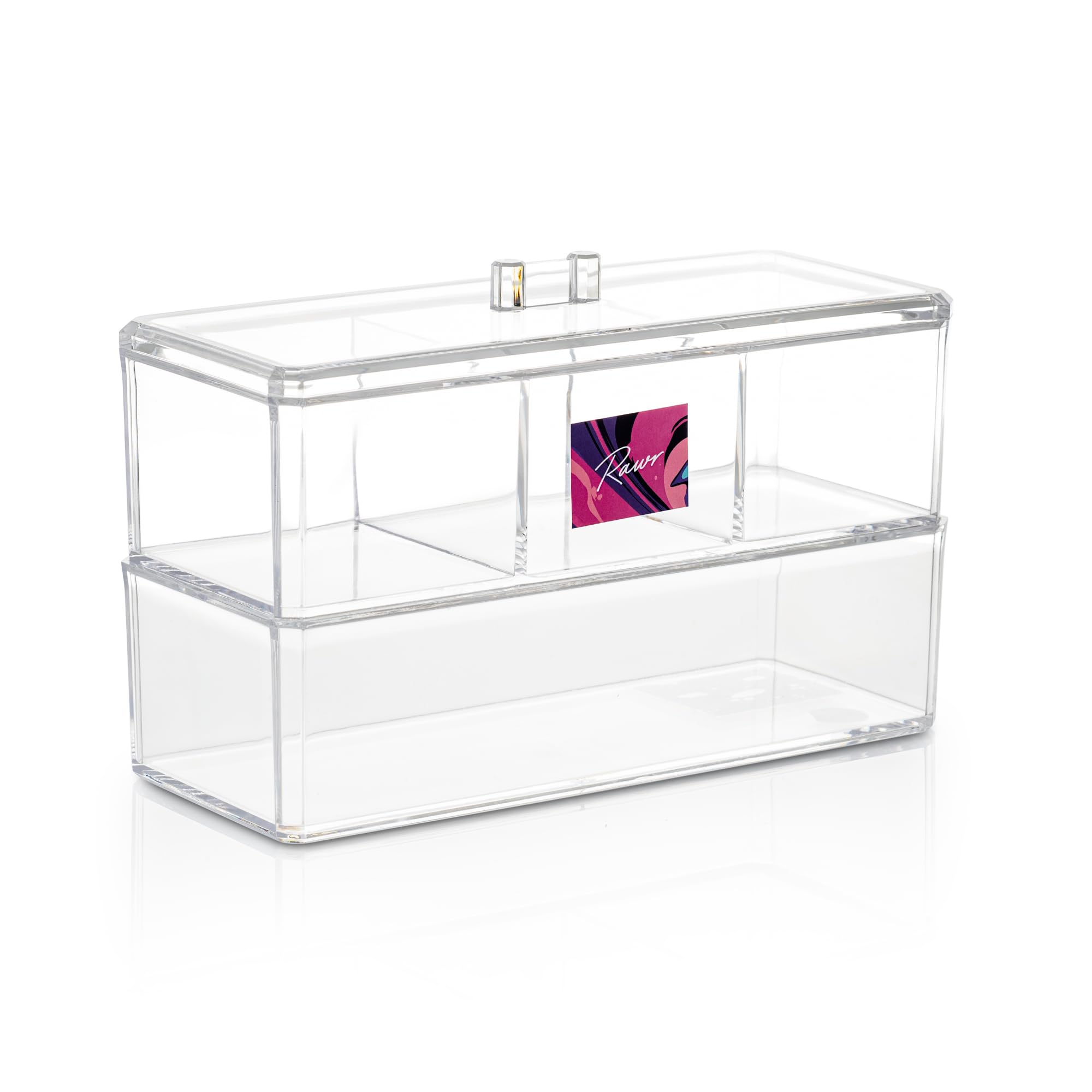 RAWR Acrylic Clear Double Level Stackable Storage Box With Lid - Plastic Makeup Organizer & Bathroom Storage For Medicine, Art Supplies, Jewelry, Stationery - Stackable Acrylic Box for Office Supply