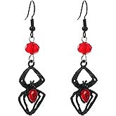 Jean Beau Goth Halloween Black Spider Web Bat Dangle Earrings for Women, Sparkly Red Green Rhinestone Punk Drop Earring Gothic Accessories Jewelry Gift