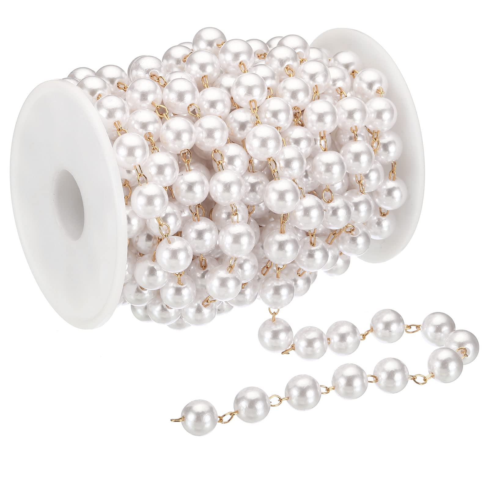 PATIKIL 5m/16 Feet Faux Pearl Beading Chain with Spool, 10mm Brass Chain Link for Decoration Making DIY Accessories Style 1, Golden