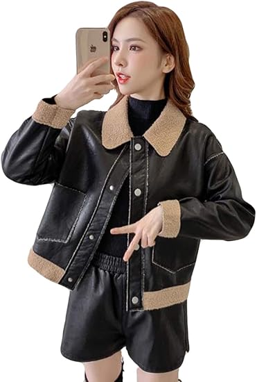 Amazon レディース レザージャケット 冬 ショート丈 裏起毛 軽量 バイクジャケット おしゃれ ムートンブルゾン 革ジャケット シンプル アウター スタイリッシュ 黒ジャケット 韓国風 コート ジャケット 通販