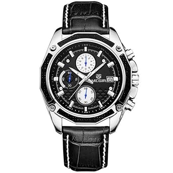 Bernsuisse MEGIR Japanese Quartz Leather Band Waterproof Luminous Chronograph Luxury Mens Wrist Watch Megir 2015 - Black Silver