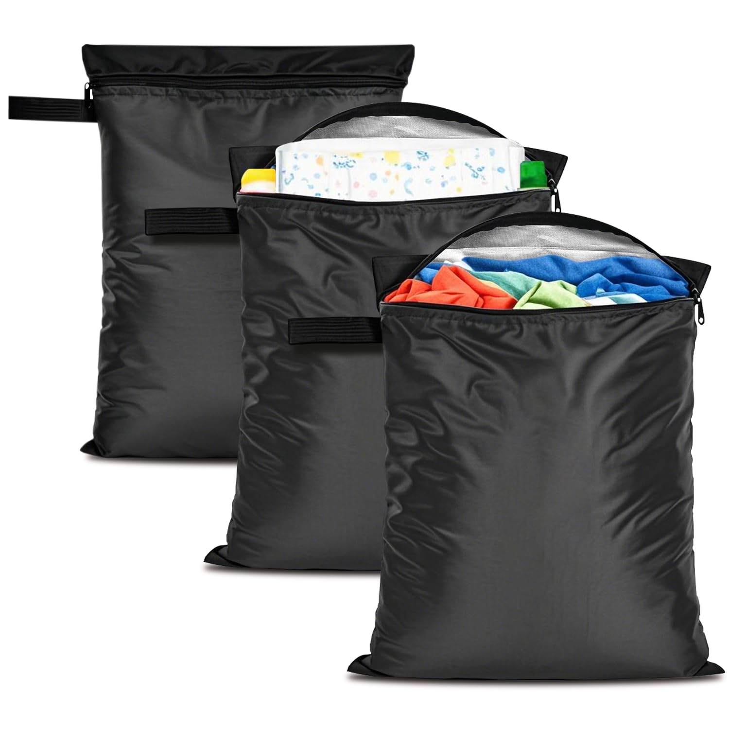 Photo 1 of 3 Pack Clothes Baby Diaper Wet Dry Bags Waterproof Reusable,12"x16",Durable Polyester Fabric with Waterproof Tape,Swim Wet Swimsuit & Towel Sack for Gym Beach Travel,with Handle and Zipper,Black