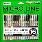 Micro-Line Ultra Fine Point Ink Pens - (SET OF 16) - Archival Ink - Assorted Colors in 0.3 MM Felt Tip - 5 Blacks in Tip Sizes 0.25MM to 0.5MM - Competes with Micron Fine Point Permanent Markers