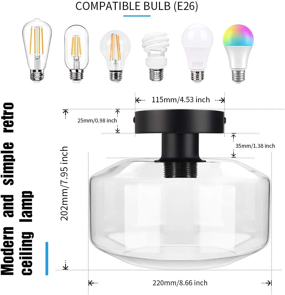 Industrial Semi Flush Mount Ceiling Light, Farmhouse Light Fixture with E26 Base Clear Glass Pendant Lamp Shade, Ceiling Light Fixture for Hallway, Entry, Porch, Kitchen, Bedroom, Dining Room, Bar - - 