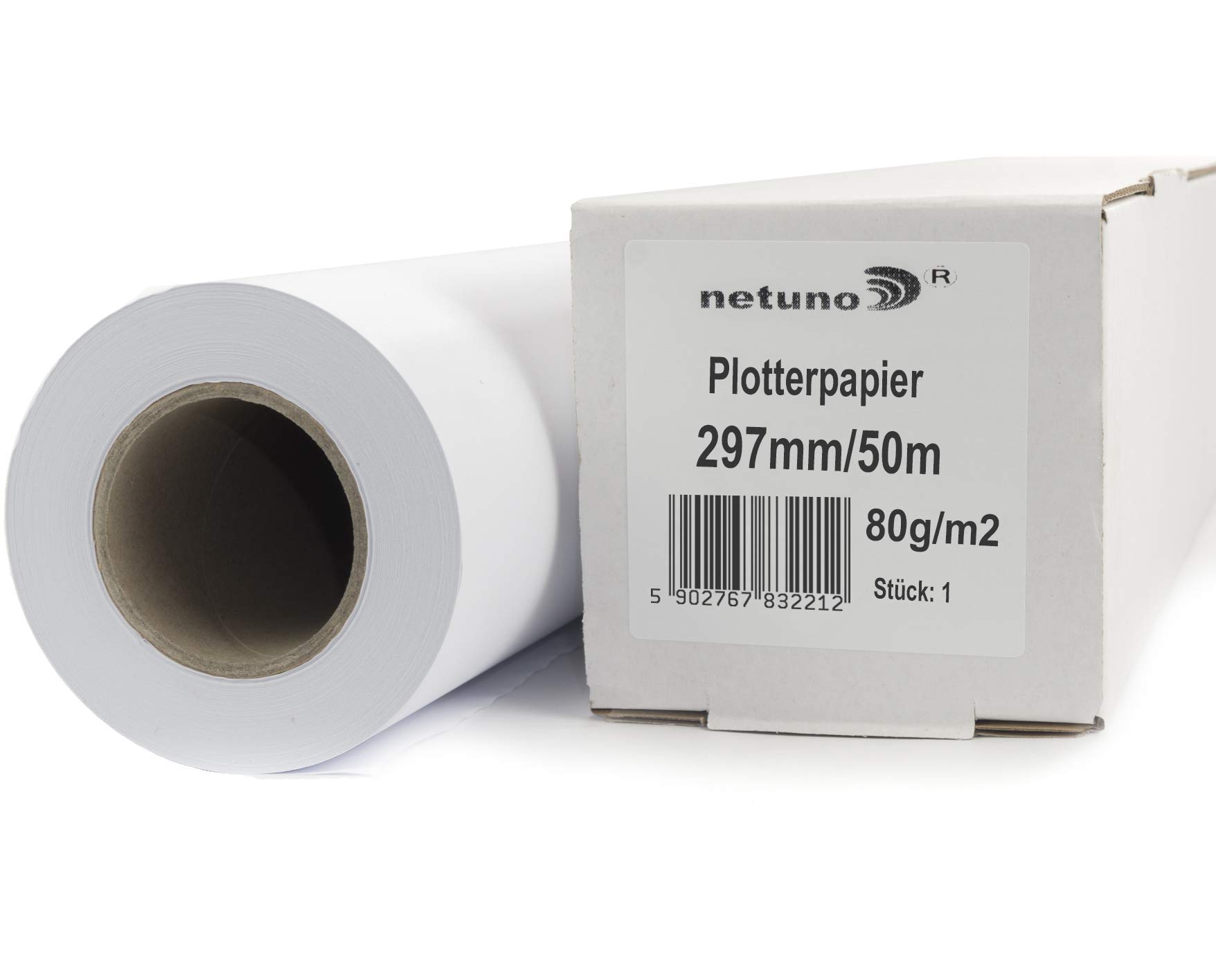 Netuno 1x White Plotter Paper roll 297mmx50m 80gsm core 50mm (2 inches) Universal Matte uncoated Offset Plotter Paper for Inkjet Printers photocopiers Photography CAD Print Design Plans Projects maps