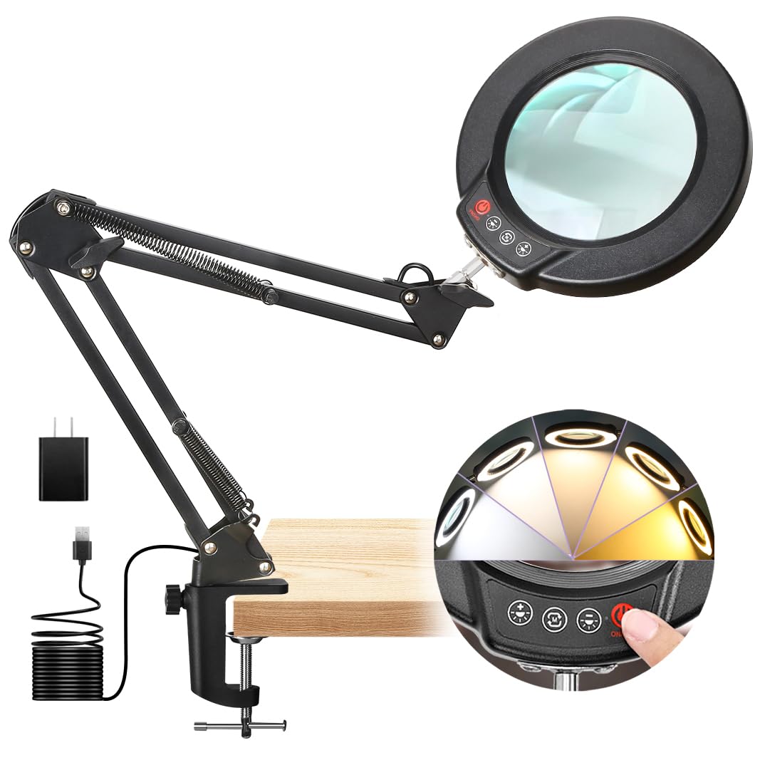 Photo 1 of Seylae 10X Magnifying Glass with Light and Clamp, Real Glass Lens, 5 Color Modes LED Dimmable Magnifier, Hands Free for Crafts, Jewelry, Painting, Sewing, Close Work