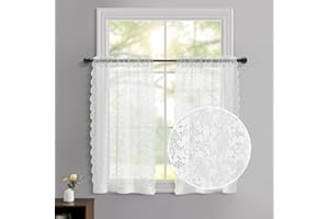 FINECITY White Cafe Curtains 30 Inch Length for Kitchen, Rustic Floral Design Farmhouse Privacy Lace Tier Curtains 2 Panels, Short Sheer Curtains for Small Windows, 25 x 30 Inch, 2 Panels, White