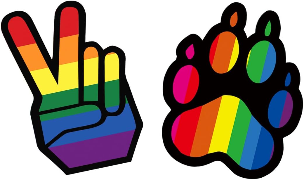 ZELIN Rainbow Peace Sign Hand Gesture & Dog Paw Shaped Vinyl Decal Car Stickers LGBT Gay Pride - Pack of 2