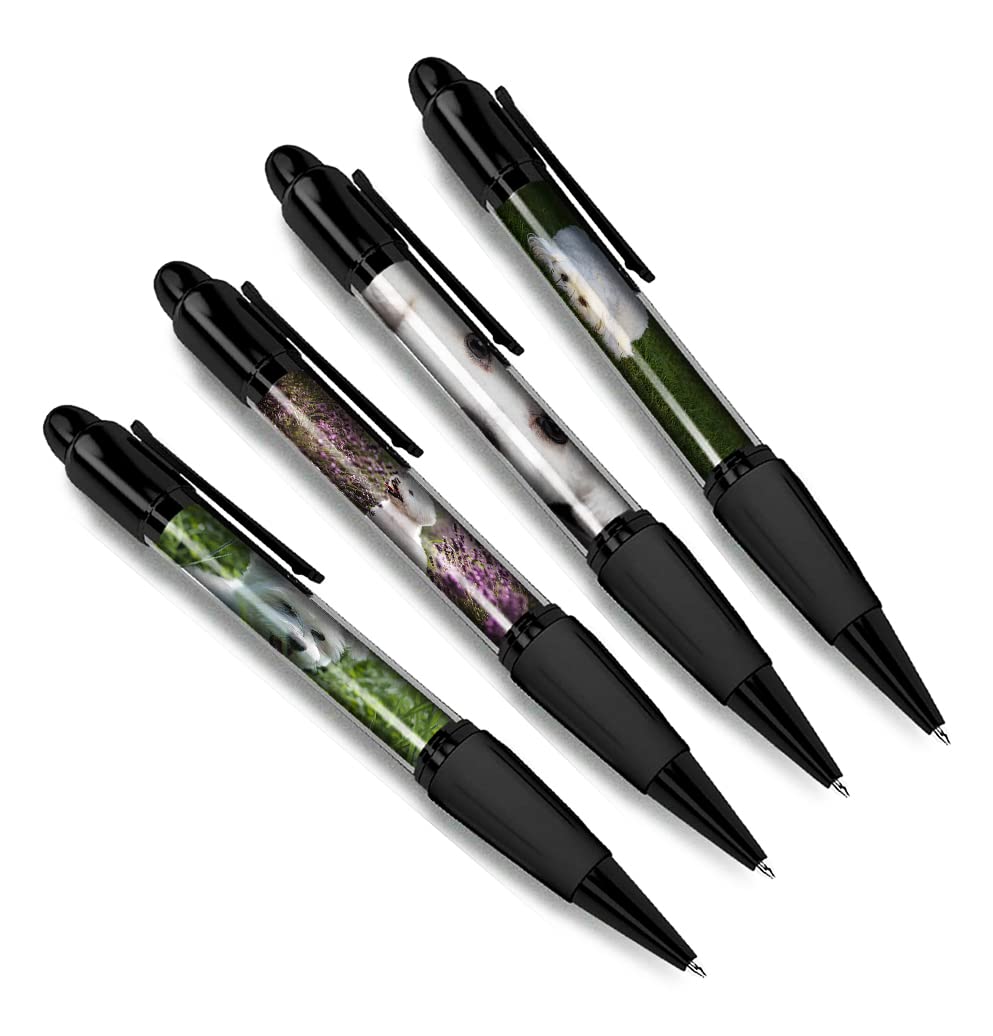 DV DESIGN Set of 4 Bichon Frise Black Ballpoint Pens - Puppy Animals White Fluffy Pets Pattern Dogs Friends Boys Girls Men Women Theme Pen #79369