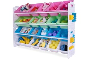 UNiPLAY Toy Organizer with 20 Removable Storage Bins, Multi-Bin Organizer for Books, Building Blocks, School Materials, Toys with Baseplate Board Frame (Pink)