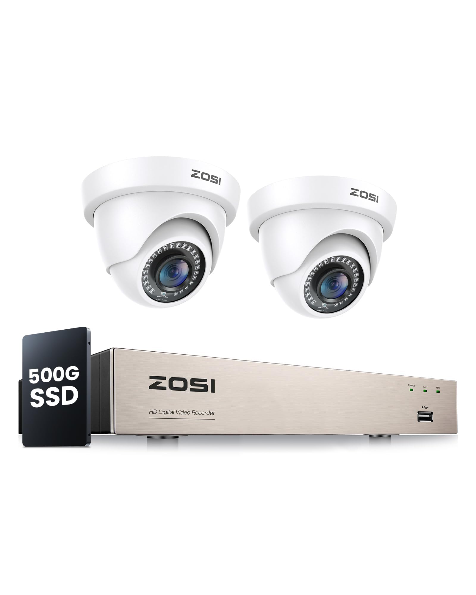 ZOSI 1080P Wired CCTV Camera Systems, 5MP Lite 8CH DVR System and 500GB SSD, 2X 2MP Dome Home Security Cameras Outdoor Indoor, AI Human Vehicle Detection, 80ft IR Night Vision, Remote Access