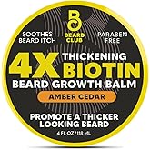 The Beard Club Biotin Beard Balm for Men - Beard Growth Shea Butter with Castor & Coconut Oil - Moisturizing, Hydrating and Softening Cream - Amber Cedar Scent - 4 oz